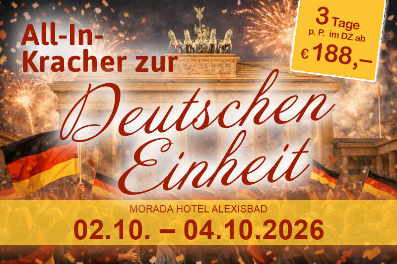 Illustration Werbung für ein günstiges 3-Tage-Hotelangebot zum Tag der Deutschen Einheit mit festlicher Stimmung, Feuerwerk und dem Brandenburger Tor im Hintergrund.