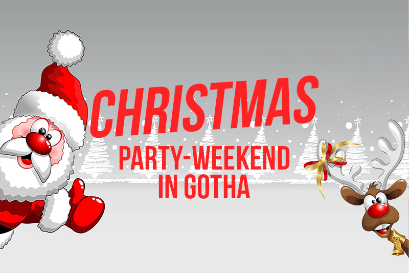 Werbung für Christmas-Party-Wochenenden im Morada Hotel Gothaer Hof. 3 Tage ab 149 Euro im Jahr 2024 mit Terminen am 29.11., 06.12. und 13.12. inklusive Abendessen, Party-Freitag und Christmas-Party mit Live-Musik.
