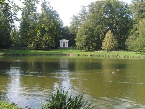 Ein Teich mit Enten im Vordergrund und einem kleinen Tempel im Hintergrund, umgeben von Bäumen.